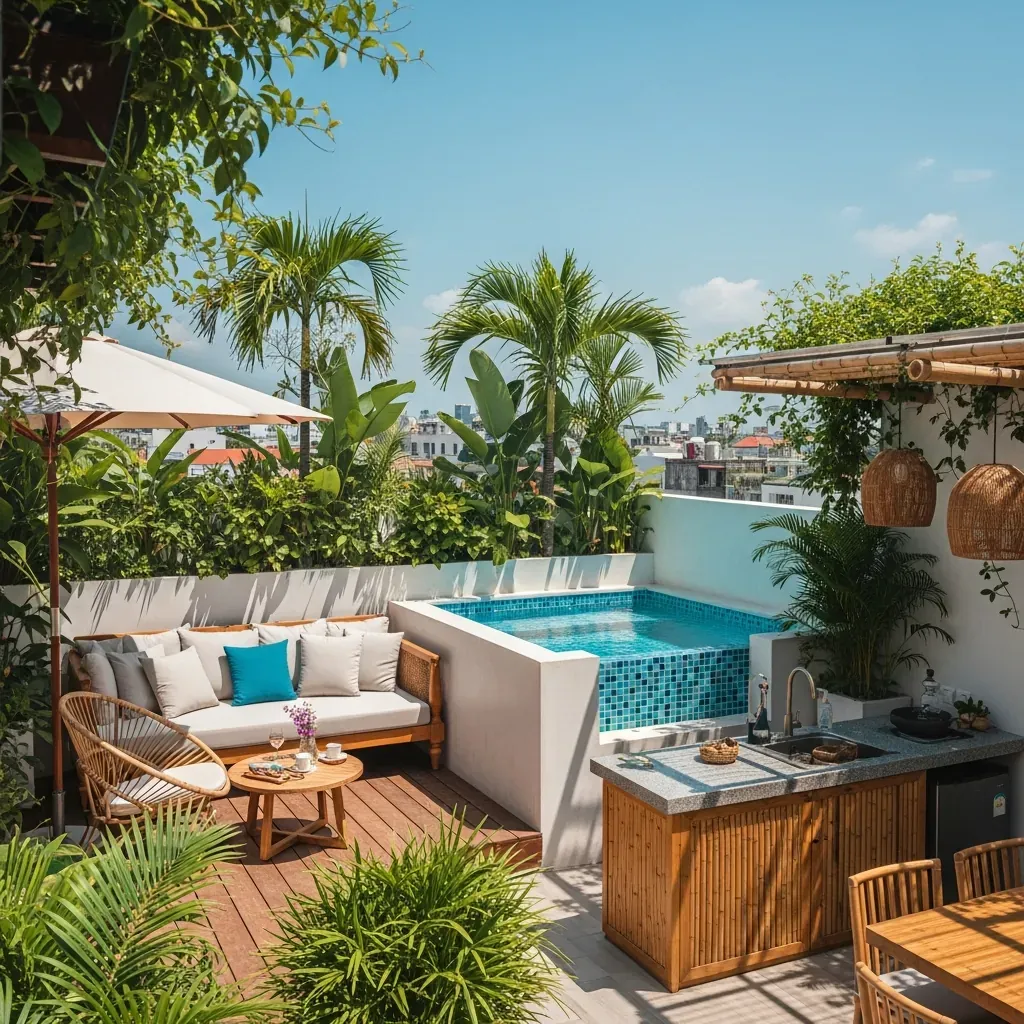 Sân thượng phong cách resort và Địa Trung Hải với hồ bơi nhỏ và bếp ngoài trời