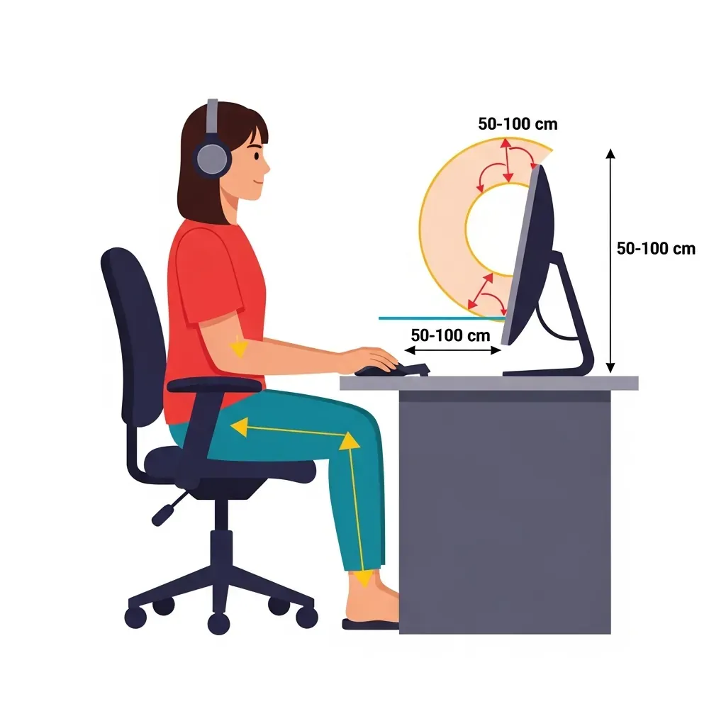 Tư thế ngồi đúng với khoảng cách màn hình và góc nghiêng chuẩn