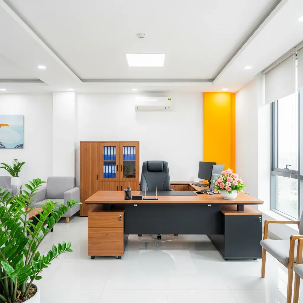 Phòng giám đốc hiện đại với bàn làm việc gỗ chữ L tựa tường và khu tiếp khách