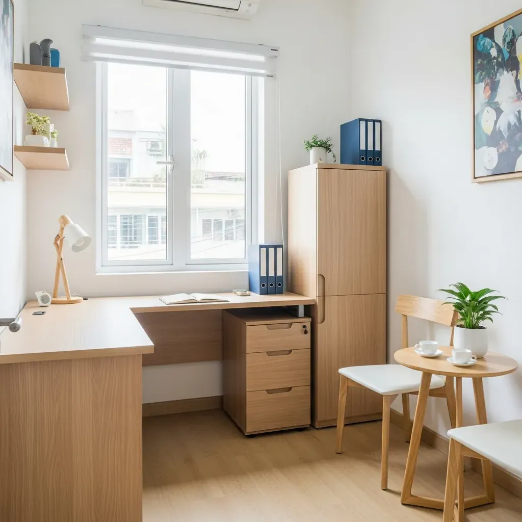 Phòng giám đốc nhỏ 10 m² bố trí gọn gàng tận dụng chiều cao