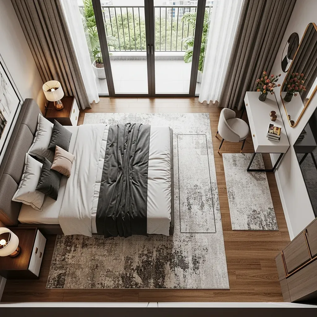 Các vị trí đặt thảm quanh giường, cuối giường và bàn trang điểm trong phòng ngủ Việt Nam.