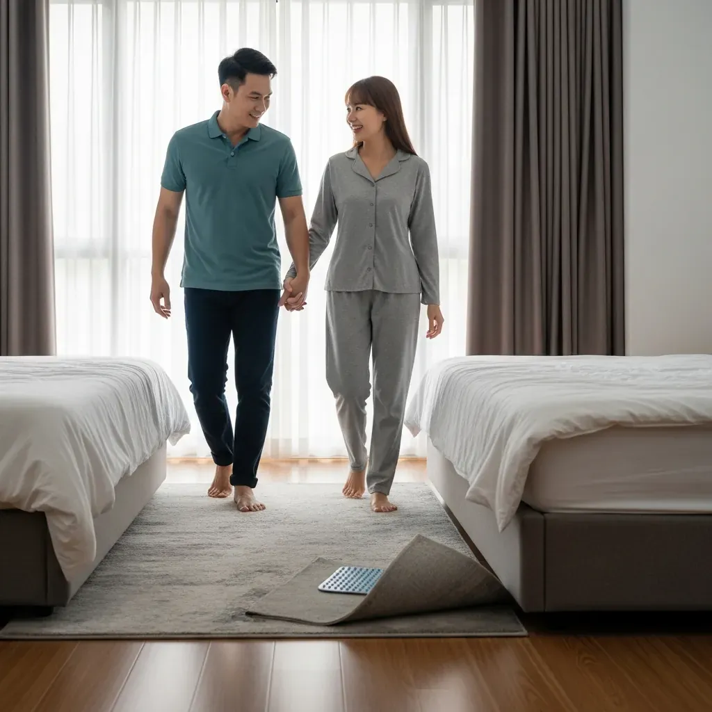 Đôi vợ chồng Việt bước xuống giường lên tấm thảm mềm trong phòng ngủ sáng ấm.