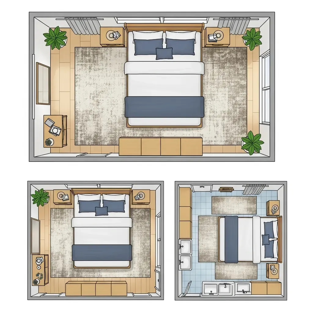 Minh họa bố cục thảm đúng tỷ lệ quanh giường trong phòng ngủ.