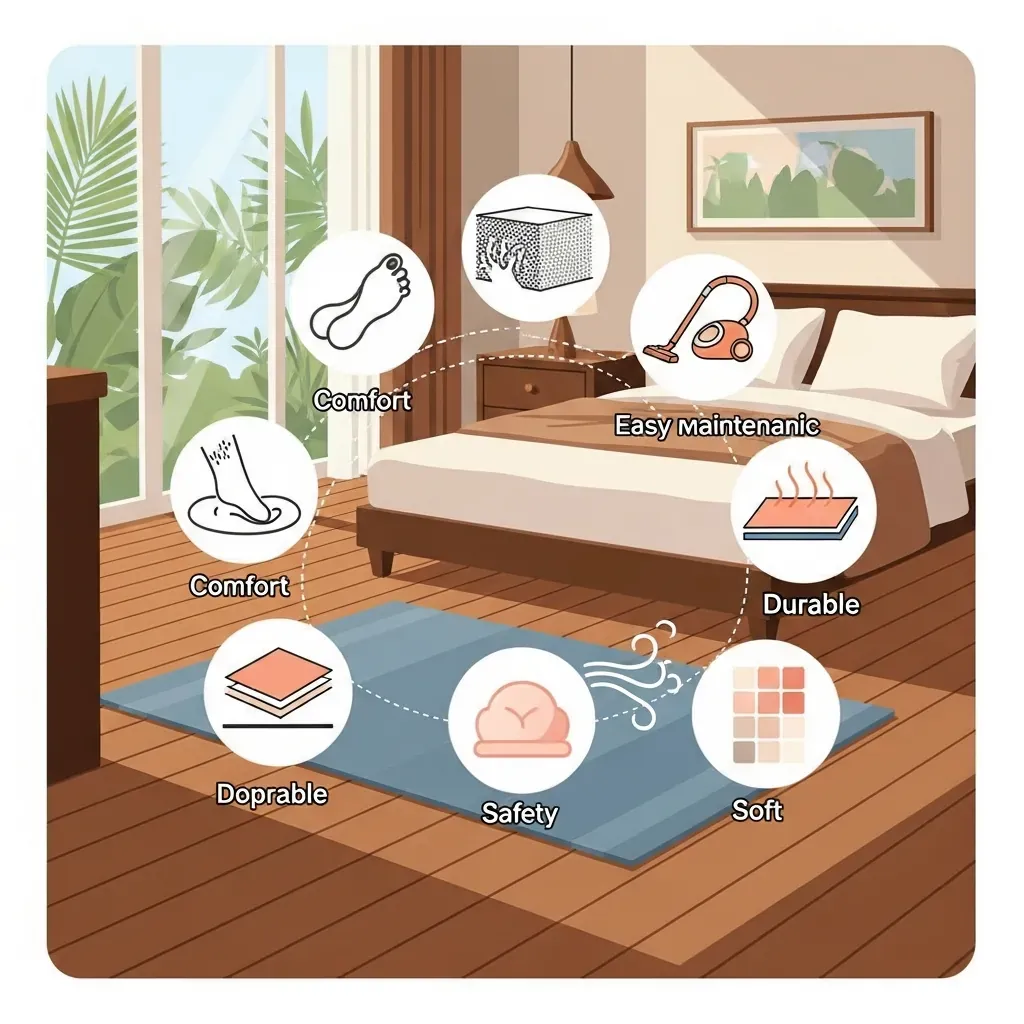 Minh họa các tiêu chí chọn thảm phòng ngủ như độ mềm, vệ sinh, chống trượt và an toàn.