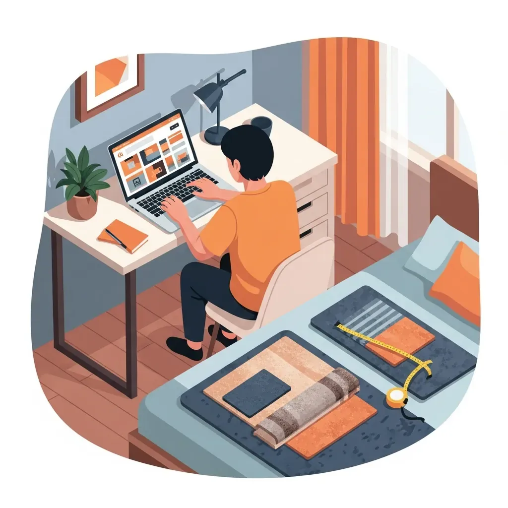 Người mua thảm online kiểm tra hình ảnh sản phẩm và mẫu thảm trong phòng ngủ.