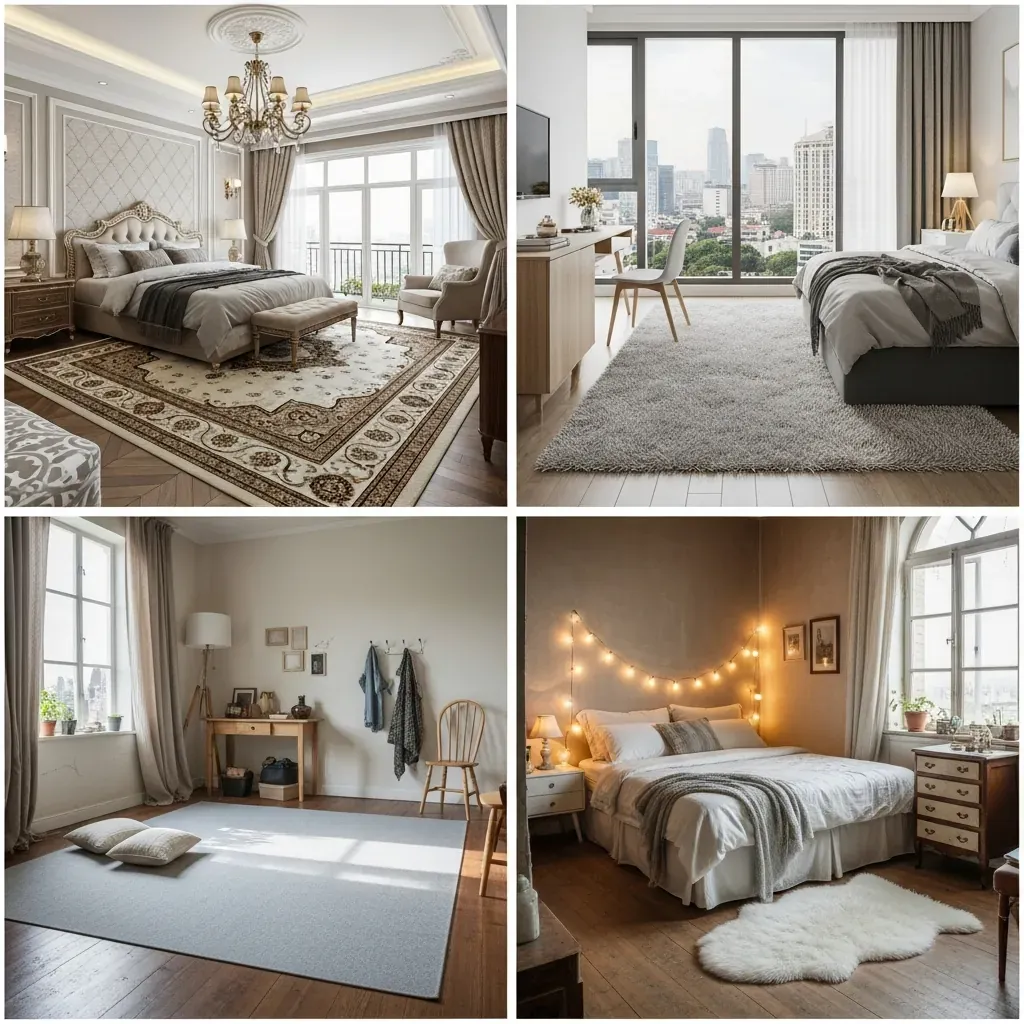 Bộ ảnh ghép bốn phong cách thảm trải sàn phòng ngủ: sang trọng, hiện đại, tiết kiệm, vintage.