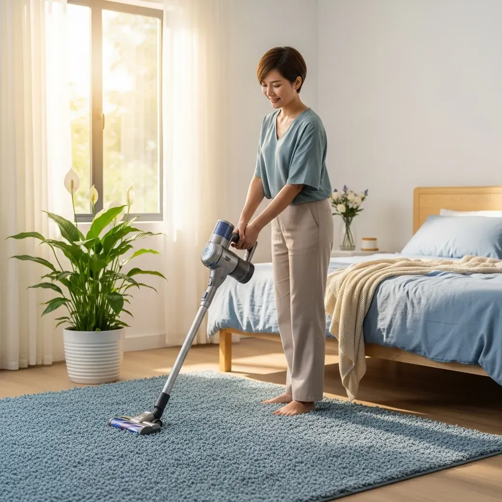 Người phụ nữ Việt đang hút bụi thảm trong phòng ngủ sáng sủa, duy trì vệ sinh định kỳ.