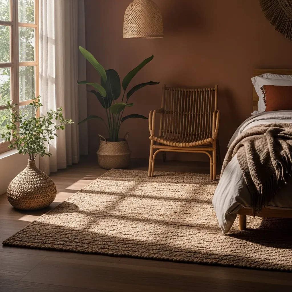 Phòng ngủ Việt Nam hiện đại với thảm tông đất terracotta dệt thủ công, phong cách bền vững.
