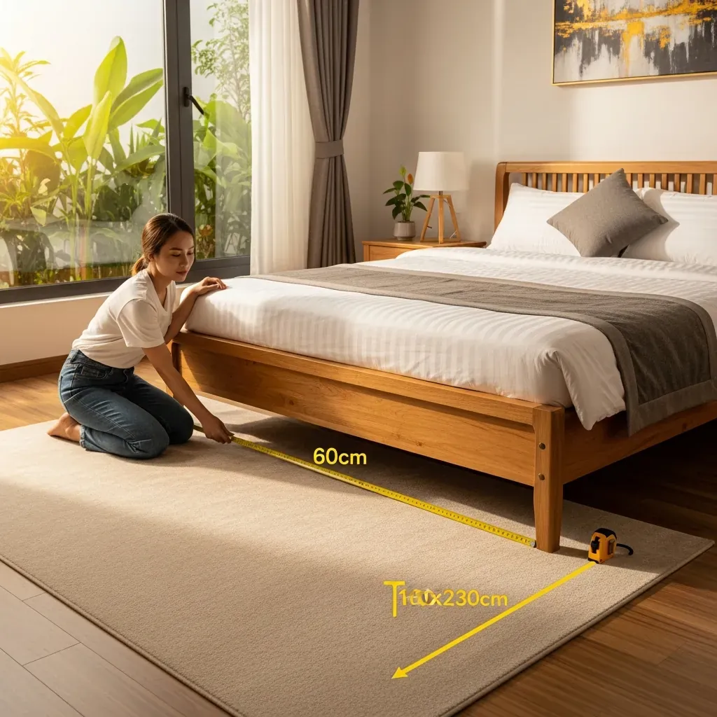 Phòng ngủ Việt Nam với thảm be đặt đúng vị trí 2/3 dưới giường, thước dây đo kích thước.