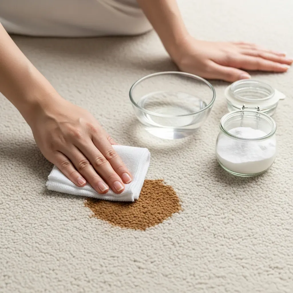 Tay phụ nữ Việt dùng khăn thấm dung dịch giấm để làm sạch vết bẩn trên thảm.
