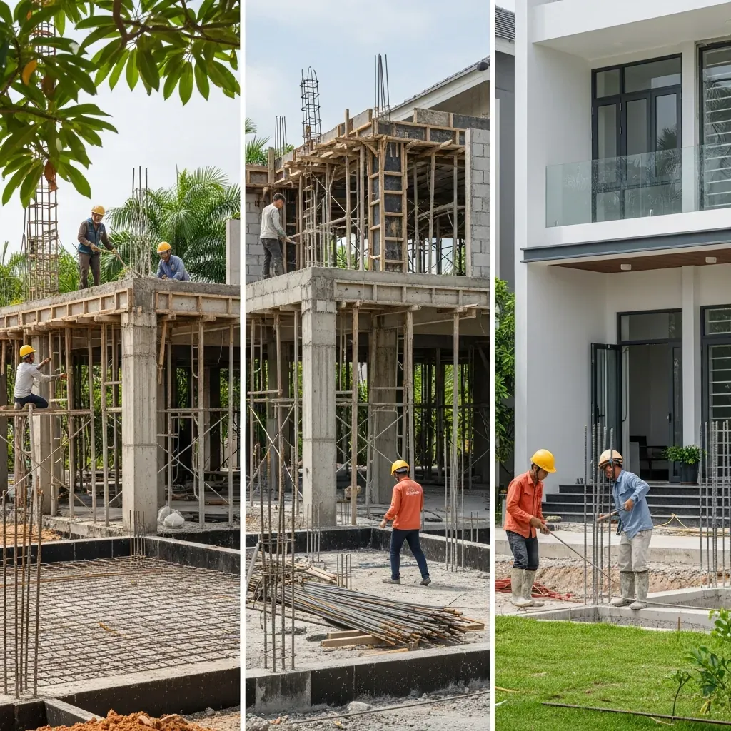 Công trường thi công biệt thự qua các giai đoạn từ móng đến hoàn thiện với thợ Việt Nam
