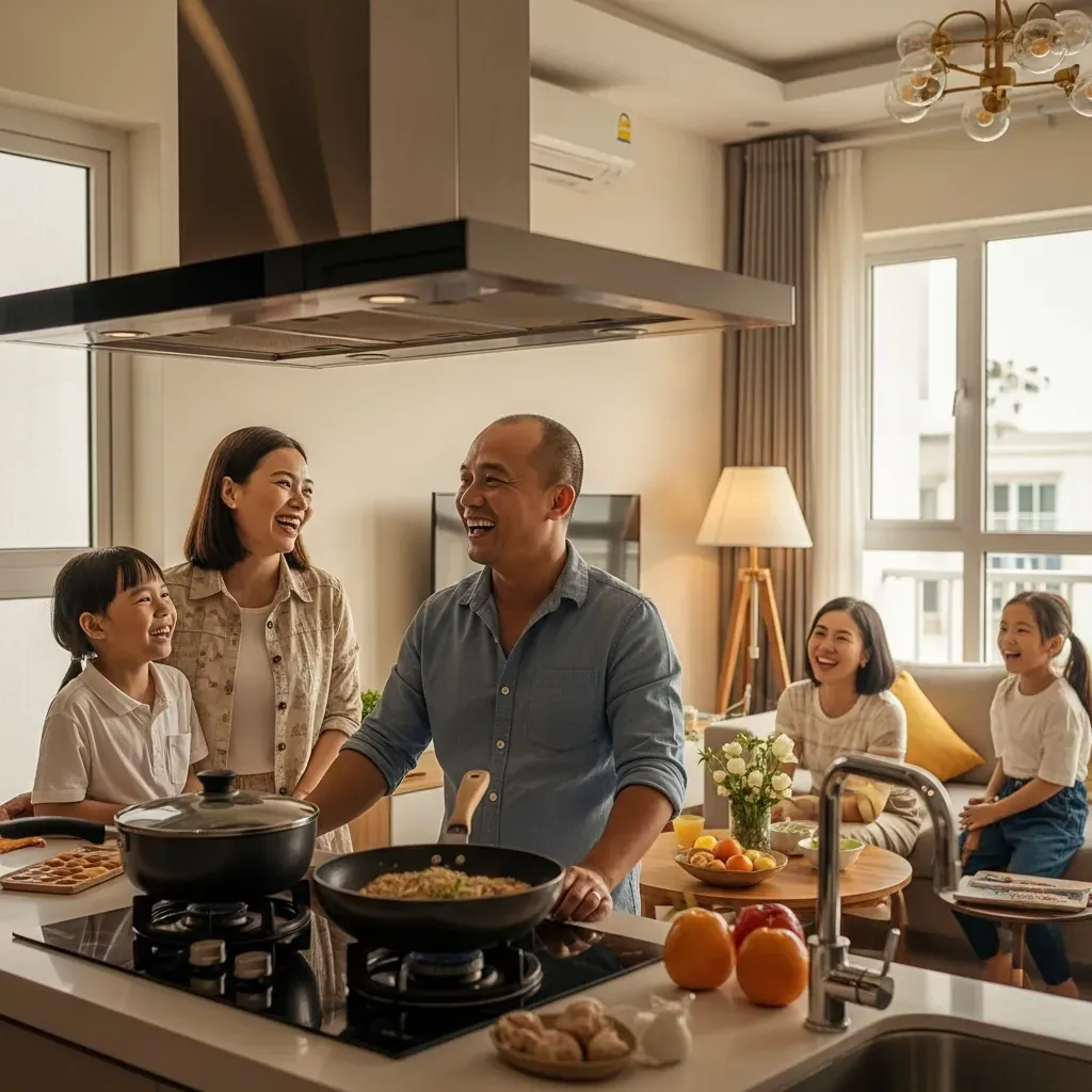 Bếp mở nối liền phòng khách trong căn hộ Việt Nam hiện đại