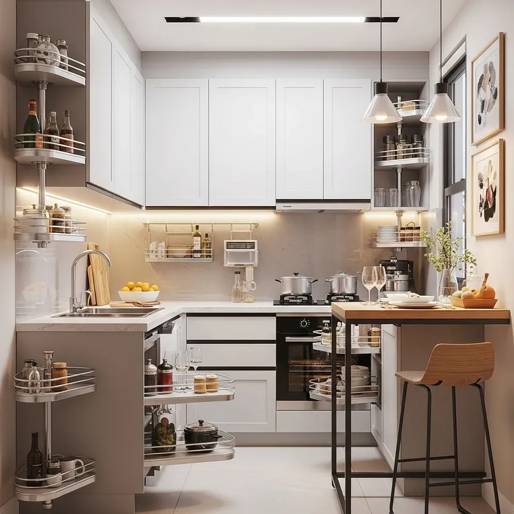 Bếp nhỏ được tối ưu với tủ kịch trần, kệ góc xoay và đảo bếp nhỏ