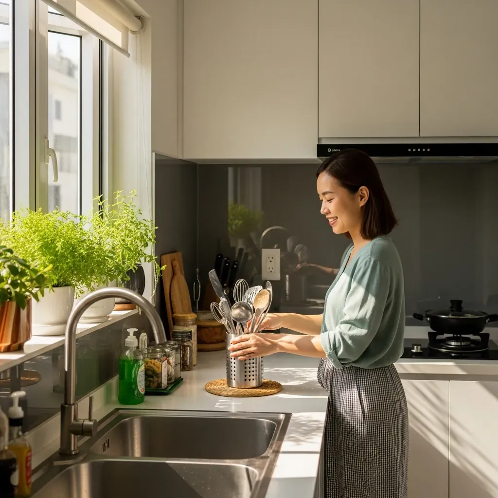 Căn bếp đẹp và tiện dụng trong nhà ống Việt Nam với ánh sáng tự nhiên