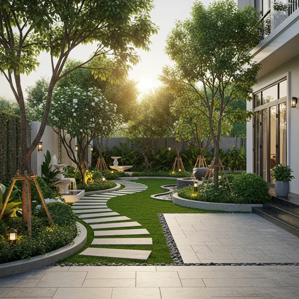 Khu vườn nhà phố Việt Nam kết hợp cây xanh và lối đi đá