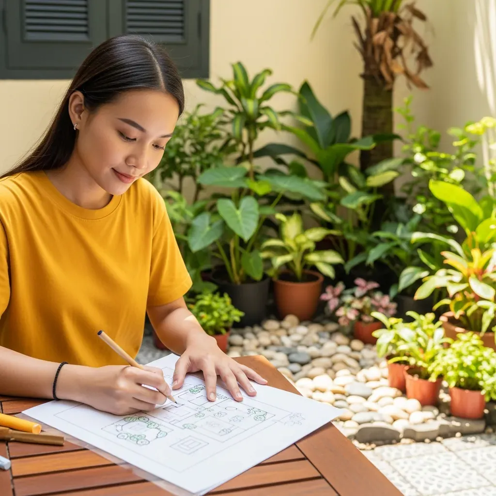 Người Việt phác thảo bản vẽ thiết kế sân vườn nhỏ tại nhà