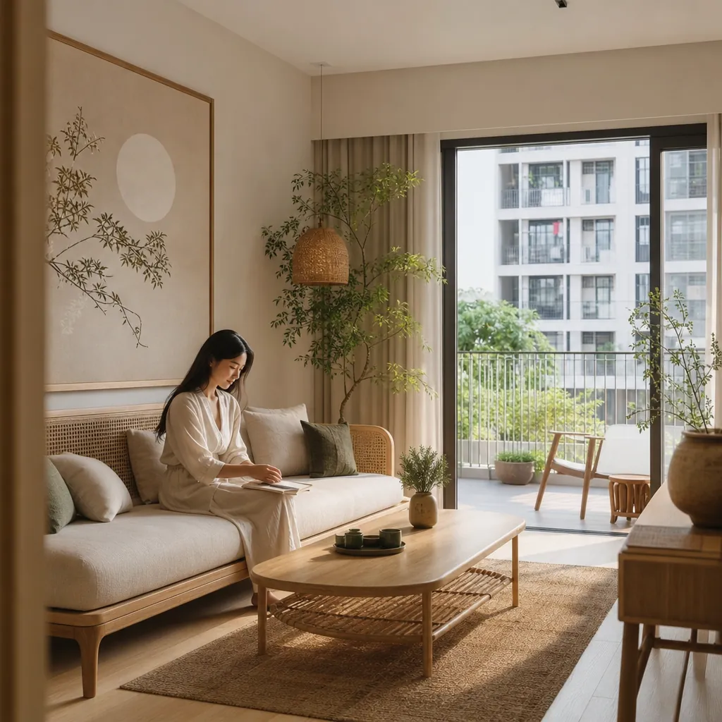 Không gian sống phong cách Japandi với gỗ sáng màu, mây tre và ánh sáng tự nhiên.