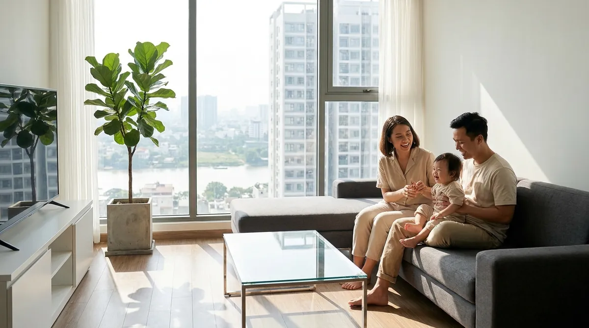 Nội thất chung cư 3 phòng ngủ phong cách Hiện đại, với tông màu trung tính và nội thất gọn gàng.