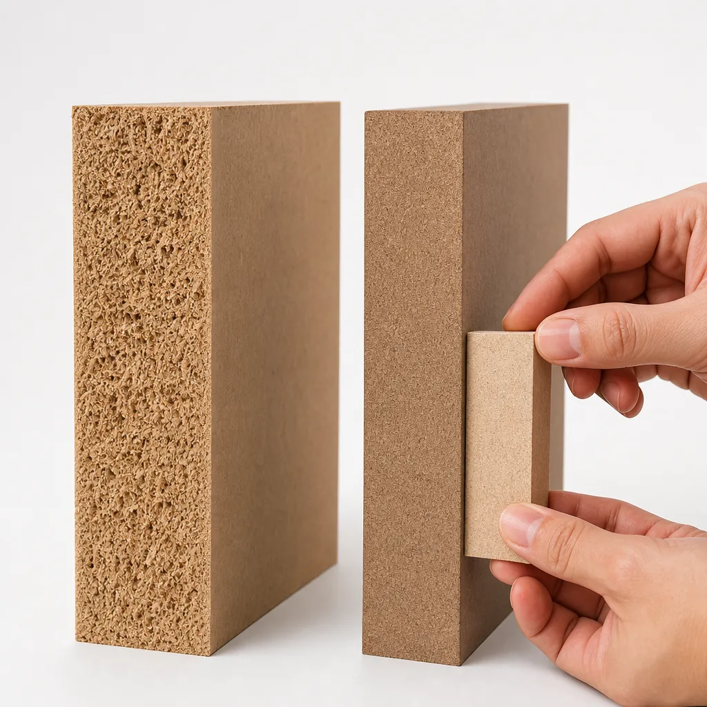 So sánh mặt cắt của gỗ công nghiệp MDF và HDF để thấy sự khác biệt về mật độ.