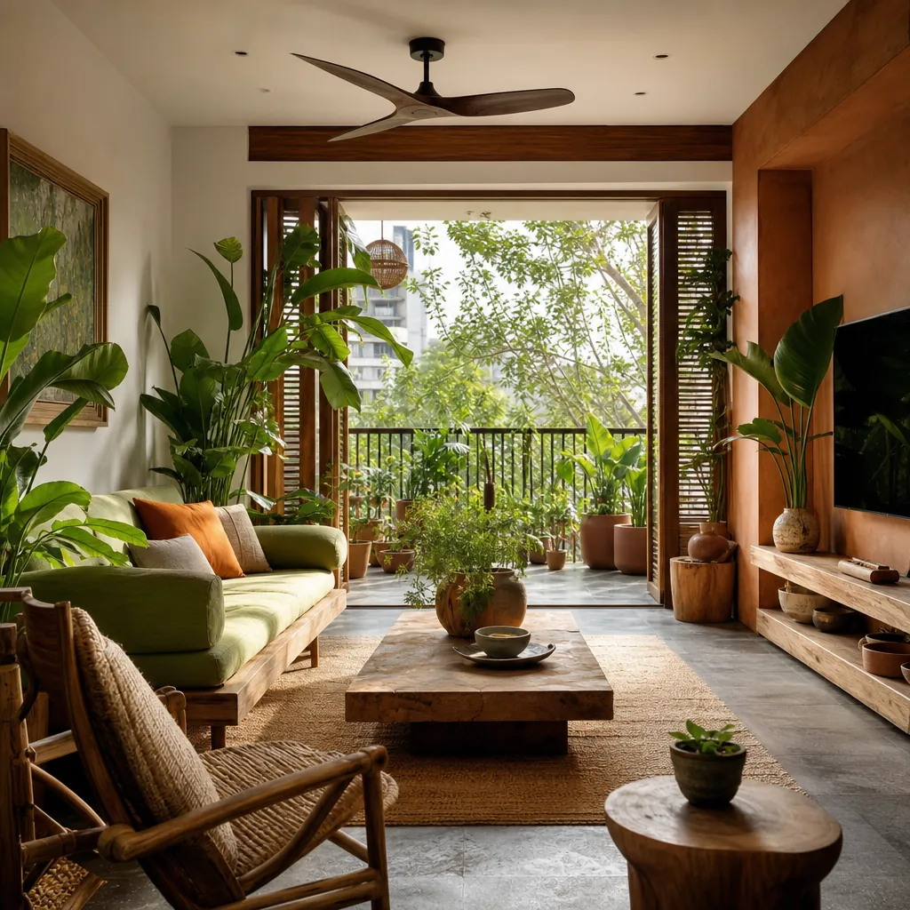 Thiết kế nội thất chung cư phong cách Biophilic với nhiều cây xanh và vật liệu tự nhiên.