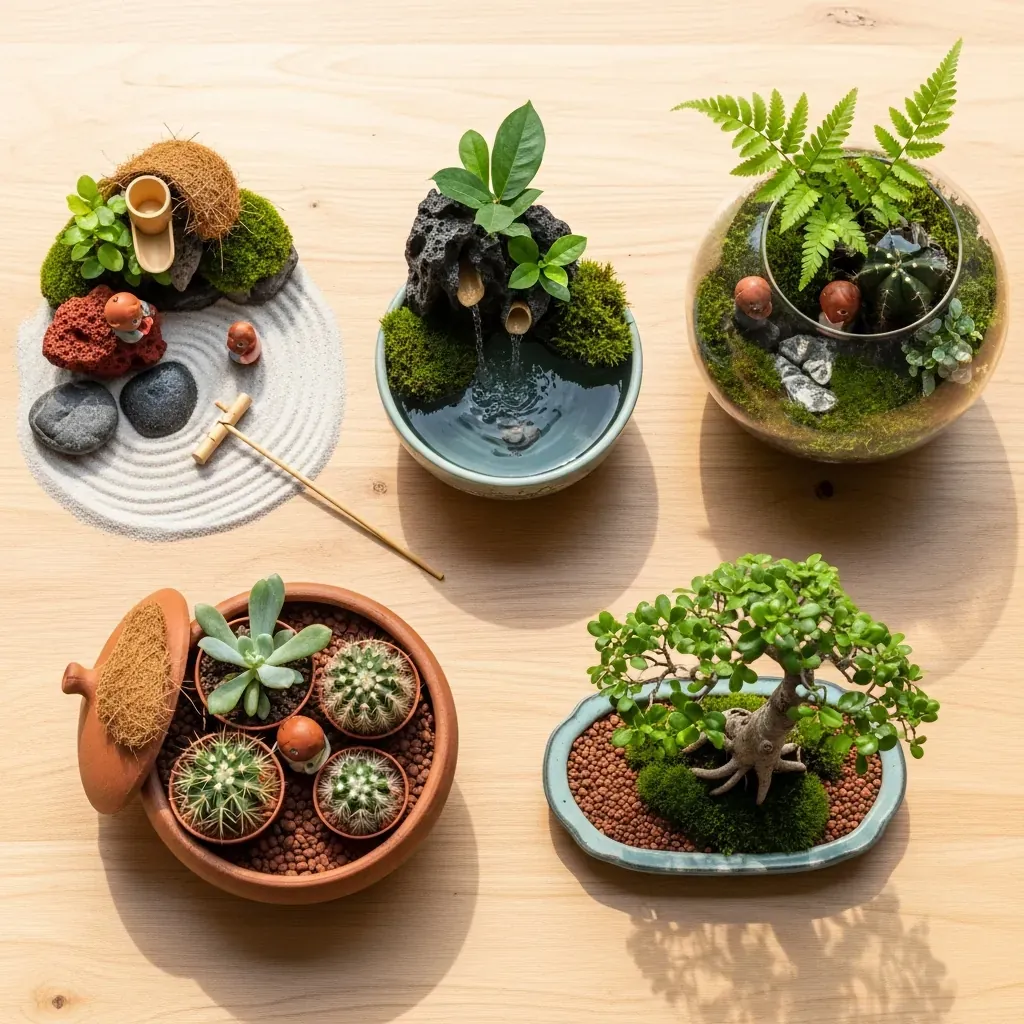 Ảnh phẳng trưng bày năm loại tiểu cảnh mini: vườn khô, thác nước, bình kín, bình hở và bonsai nhỏ trên mặt gỗ.
