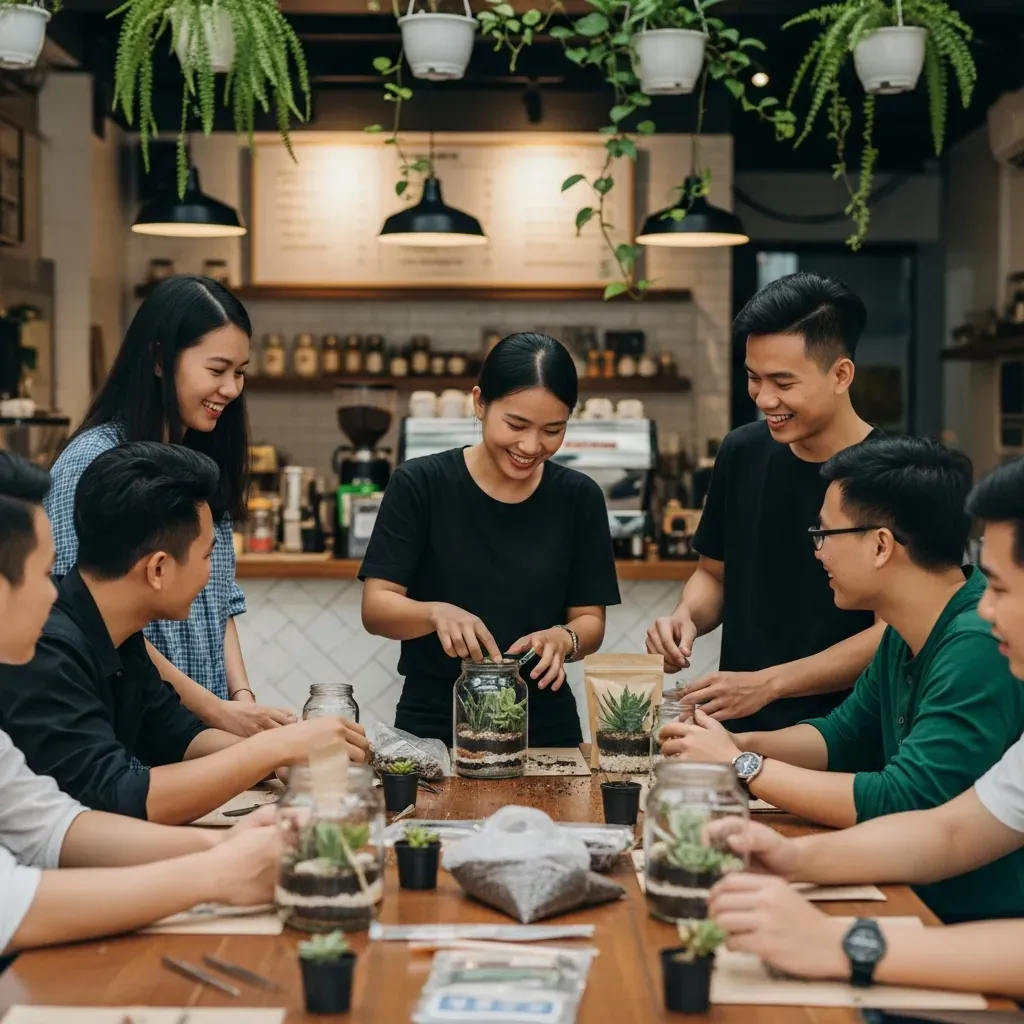 Cảnh workshop làm terrarium tại một quán cà phê ở Việt Nam, nhóm bạn trẻ tụ tập quanh bàn, tay cầm vật liệu.