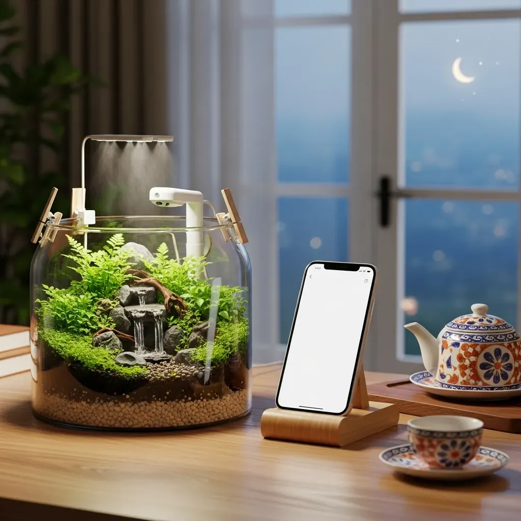 Góc bàn làm việc Việt Nam với terrarium thông minh có đèn LED và phun sương tự động, không có chữ viết.