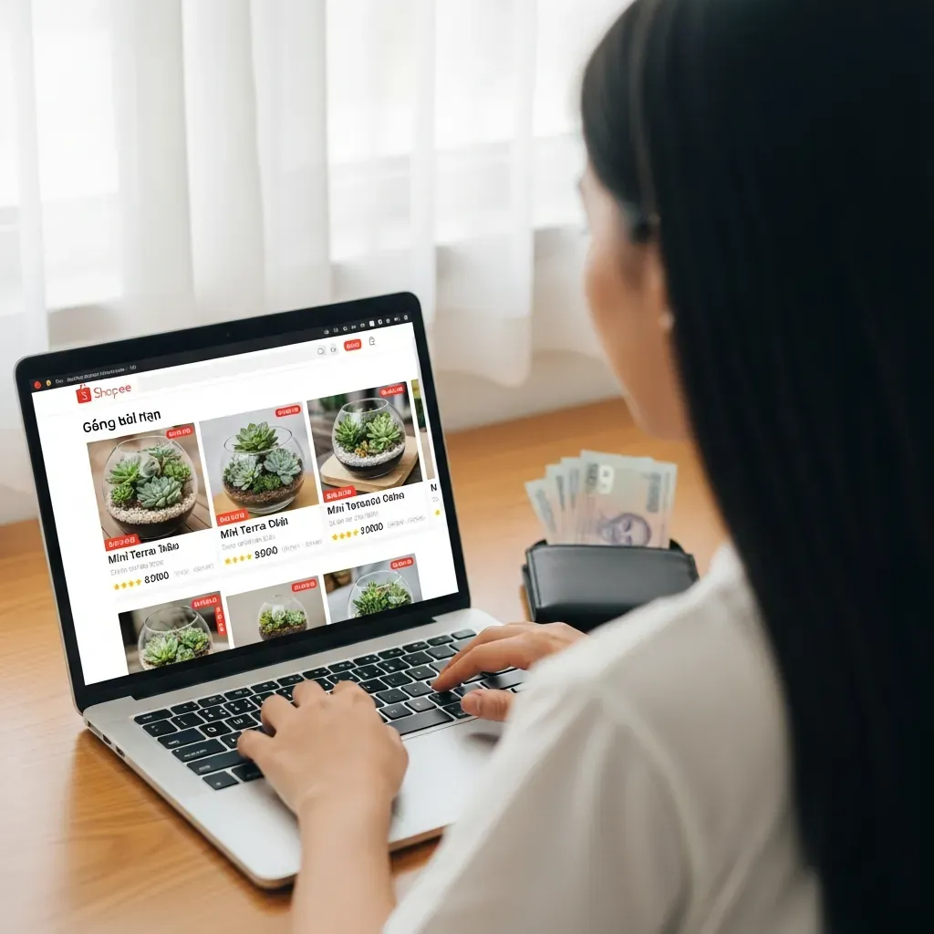 Góc nhìn qua vai một phụ nữ Việt Nam đang xem danh sách terrarium trên website Shopee từ laptop, bên cạnh có ví tiền.