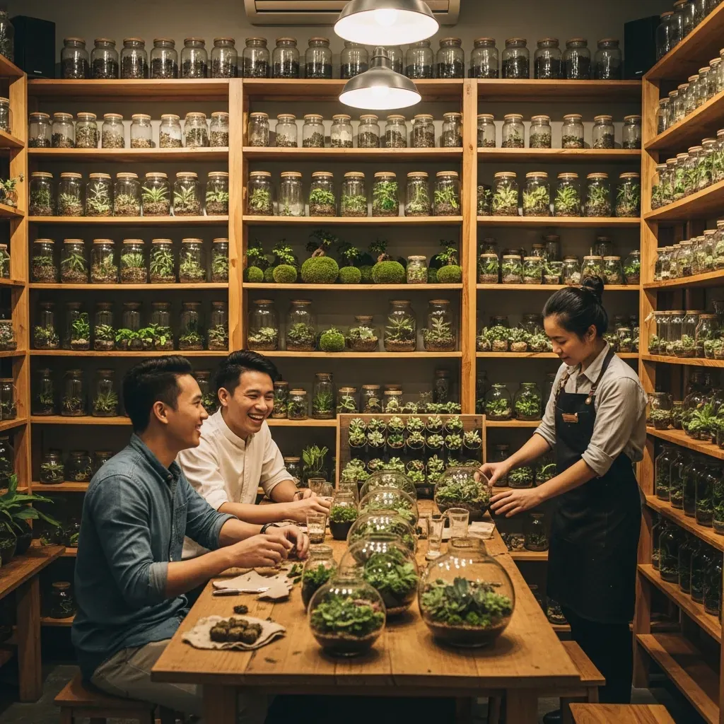 Không gian quán cà phê kiểu Việt Nam trưng bày nhiều terrarium, khách hàng trẻ đang tham gia lắp ráp.