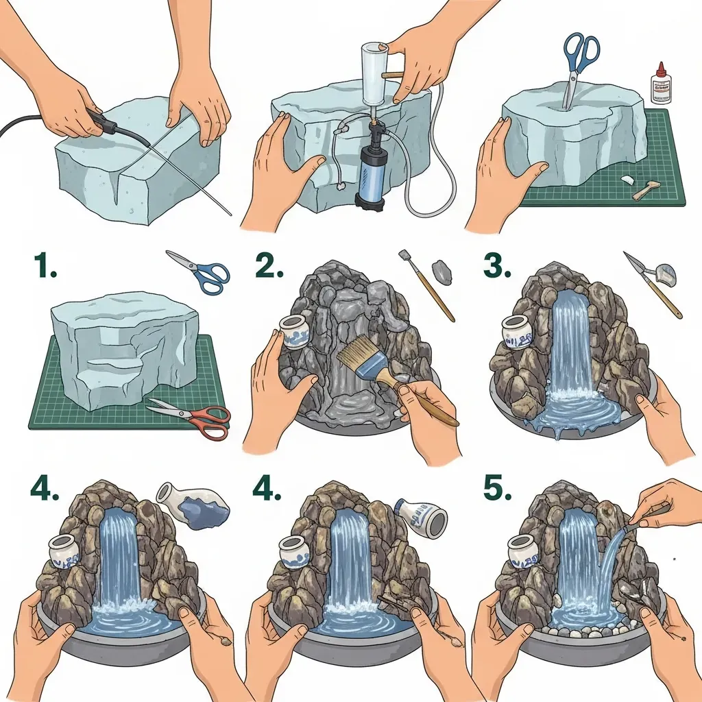 Minh họa 5 bước làm thác nước mini từ xốp và xi măng, bàn tay người Việt thao tác.