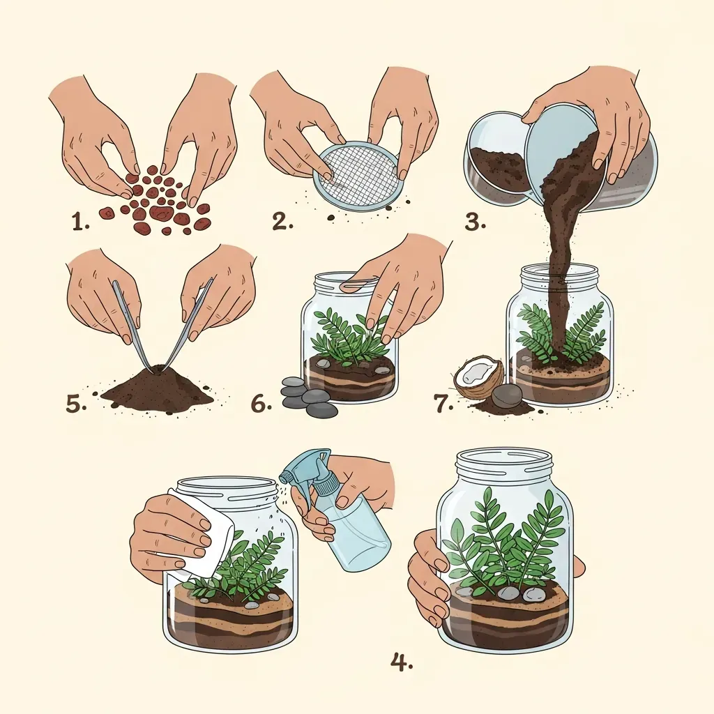 Minh họa 8 bước tự làm terrarium trong lọ thủy tinh, không có chữ, chỉ bằng hình ảnh bàn tay người Việt.