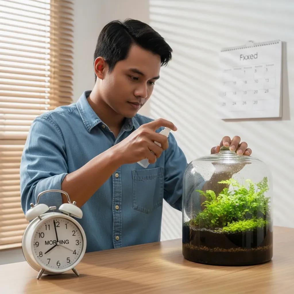 Người đàn ông Việt Nam phun sương nhẹ cho terrarium kín, đồng hồ báo thức và lịch treo tường gợi ý lịch chăm sóc định kỳ.