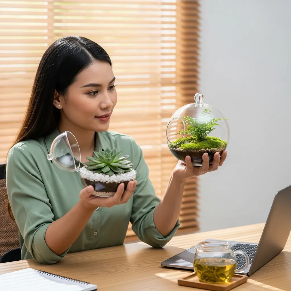 Người phụ nữ Việt Nam đang cân nhắc giữa hai chậu tiểu cảnh: một chậu sen đá và một bình thủy tinh kín.