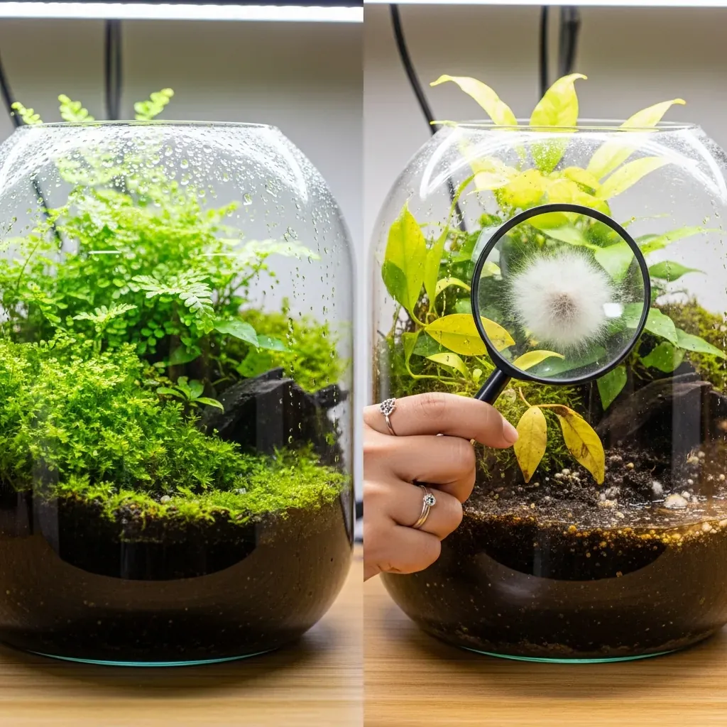 So sánh hai chậu terrarium: một khỏe mạnh xanh tươi, một bị nấm mốc trắng và lá vàng, tay người Việt cầm kính lúp.