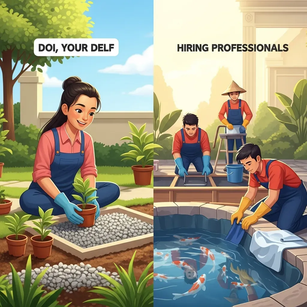 Minh họa lựa chọn tự làm hay thuê thợ làm tiểu cảnh sân vườn