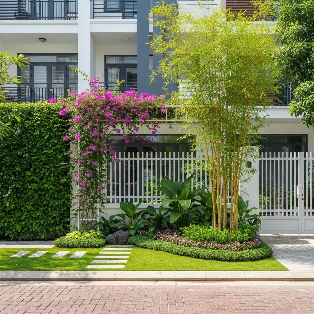 Sân vườn trước nhà phố Việt với vườn tường đứng, giàn bông giấy và cây phân tầng