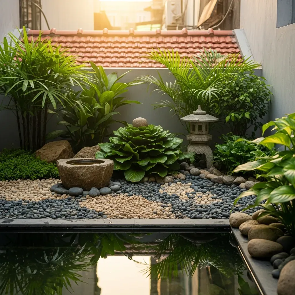 Tiểu cảnh sân vườn thu nhỏ trước nhà phố Việt Nam với đá, cây xanh và nước