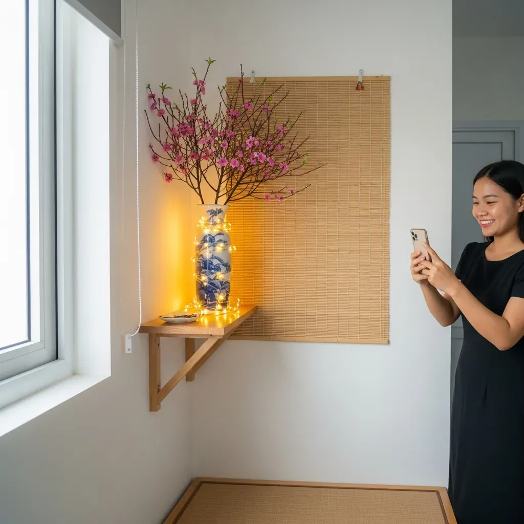 Góc Tết trong căn hộ nhỏ, tận dụng chiều cao với kệ treo tường và cành đào thanh mảnh.