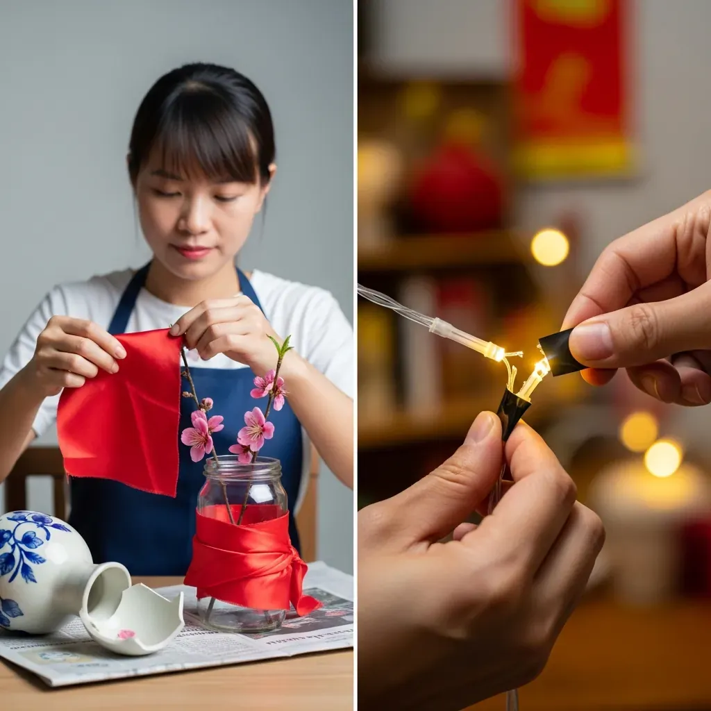 Hai cách xử lý nhanh: thay bình vỡ bằng lọ thủy tinh quấn vải đỏ, sửa đèn LED đứt.