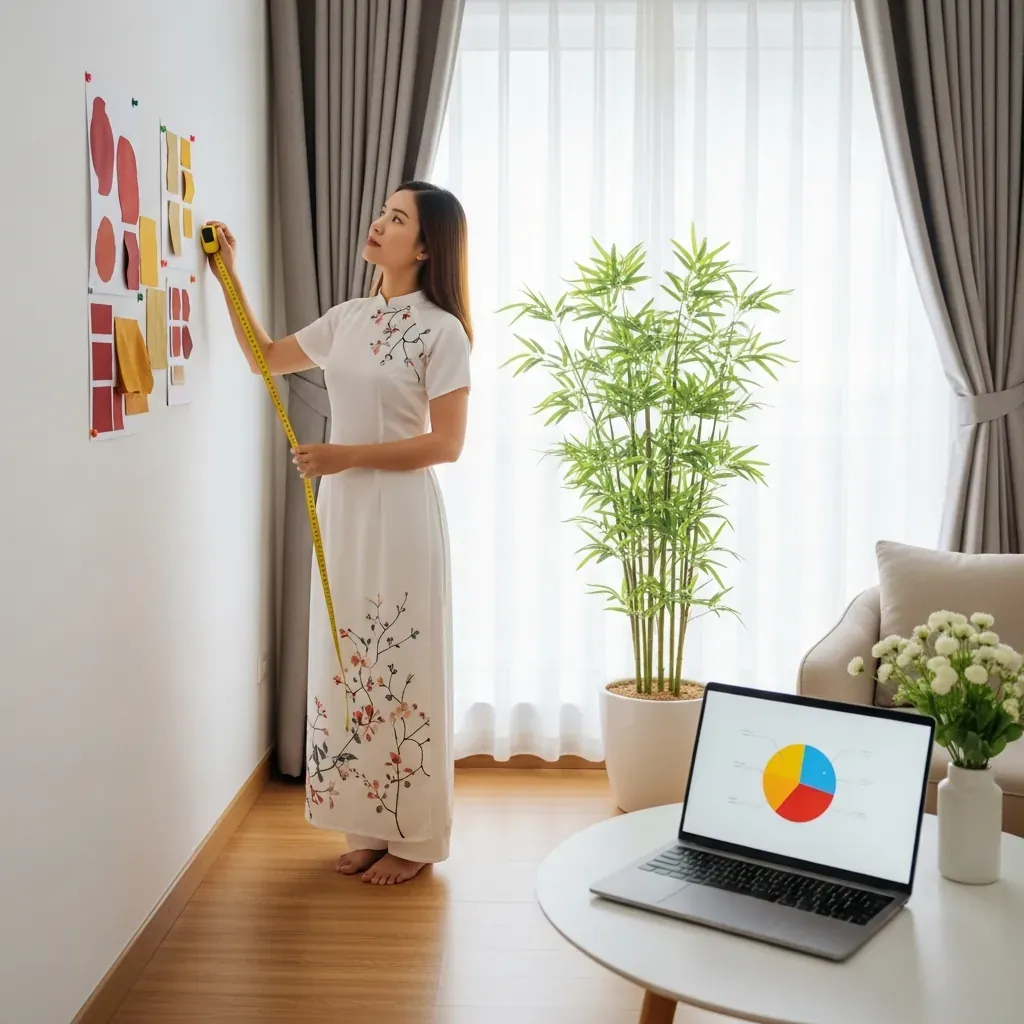 Người phụ nữ Việt đo đạc góc phòng, bảng cảm hứng với màu đỏ, vàng, be không chữ.