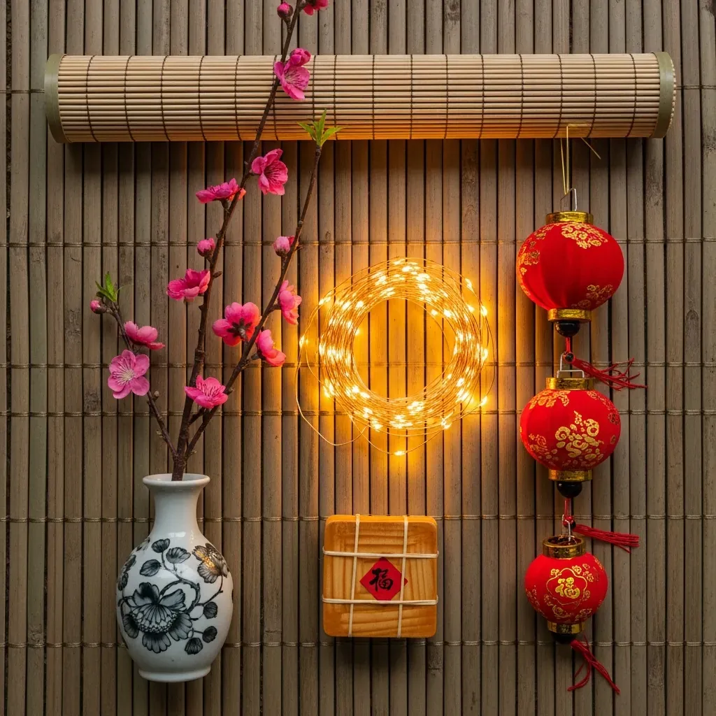Những mảnh ghép cốt lõi của góc Tết: phông tre, cành đào, đèn LED, bánh chưng gỗ, đèn lồng.