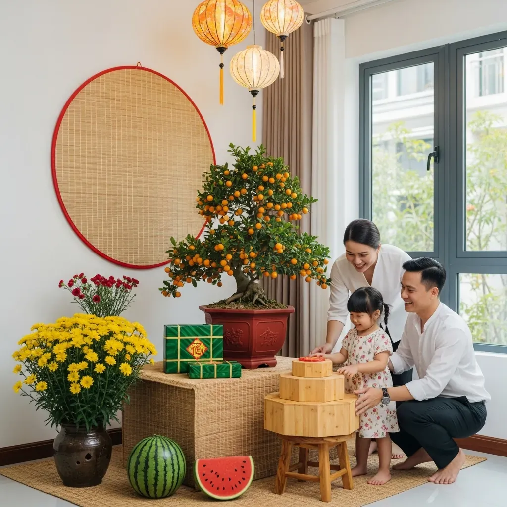 Tiểu cảnh Tết ba lớp trong phòng khách rộng nhà phố Việt Nam.
