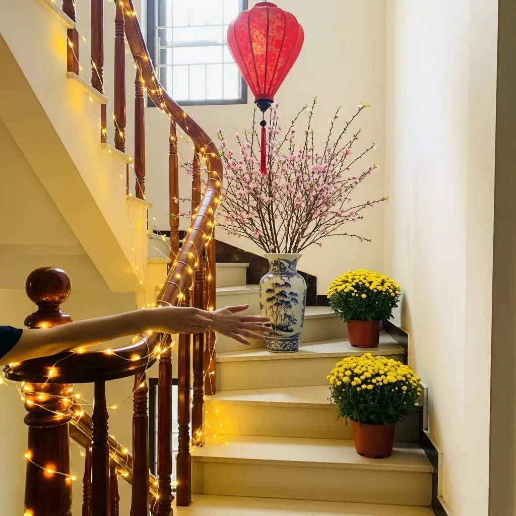 Trang trí Tết dưới chân cầu thang với đèn LED quấn lan can và bình hoa mai.