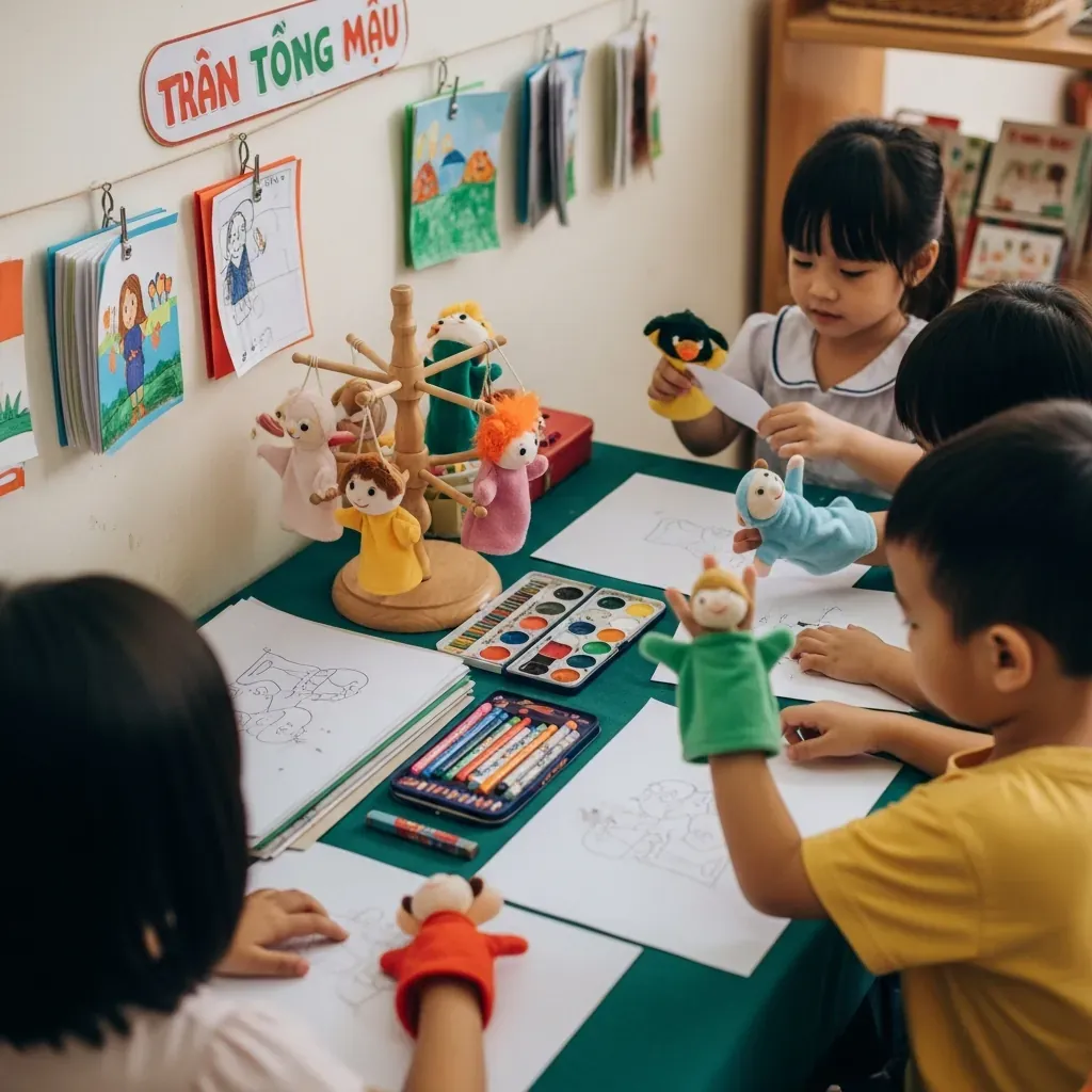 Góc thư viện có yếu tố tương tác như góc vẽ, rối ngón tay và trưng bày sản phẩm của trẻ