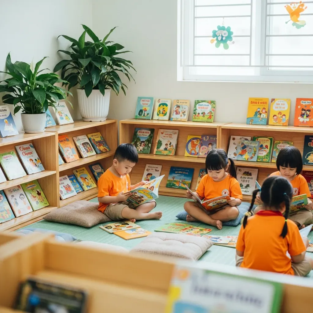 Góc thư viện lớp học mầm non thân thiện với kệ thấp vừa tầm trẻ và trẻ em đang đọc sách