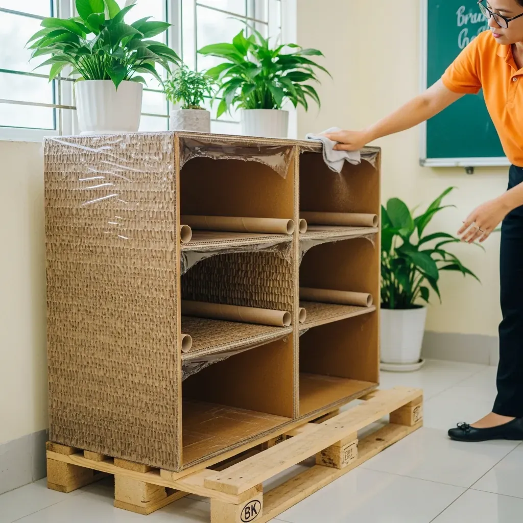 Kệ sách carton chống ẩm kê trên pallet cách đất cách tường