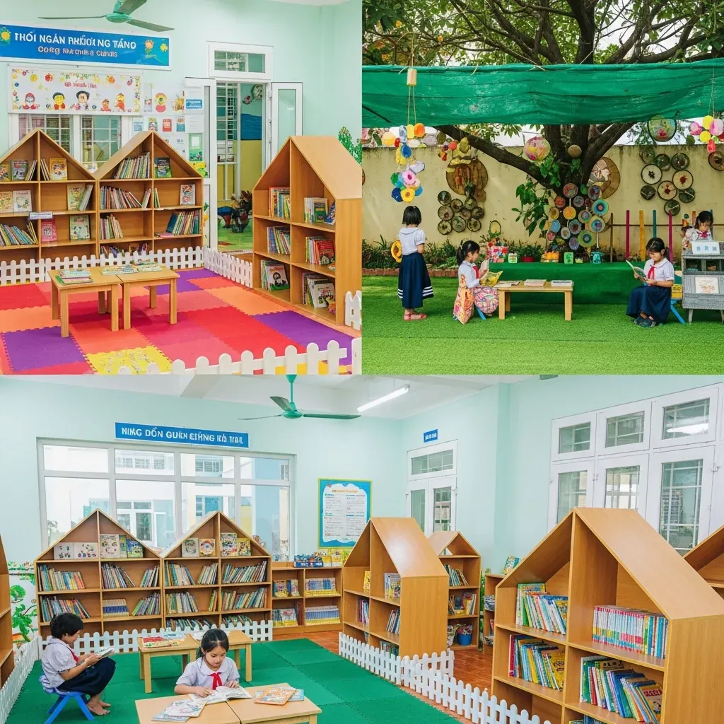 Mẫu thư viện trường học tham khảo với kệ hình ngôi nhà và góc đọc xanh