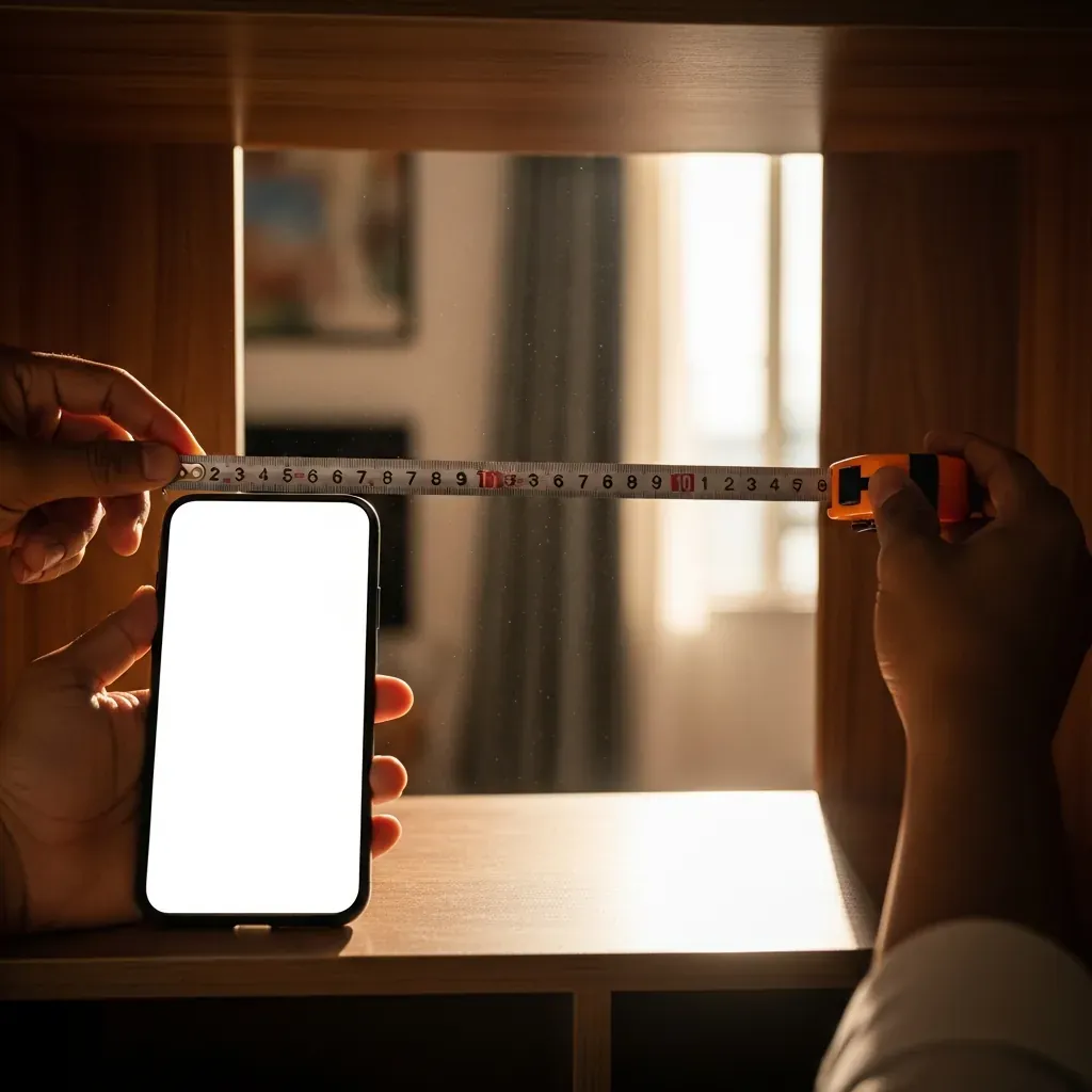 Bàn tay người Việt đo đạc ngăn kệ sách bằng thước dây, điện thoại bên cạnh