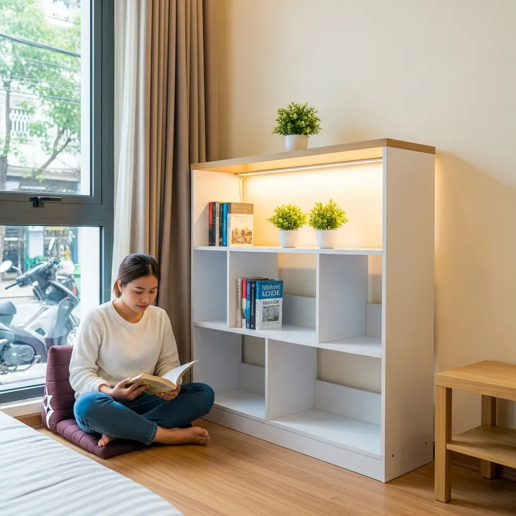 Căn hộ studio 25m² ở Bình Thạnh với kệ sách trắng tối giản, cô gái Việt ngồi đọc sách