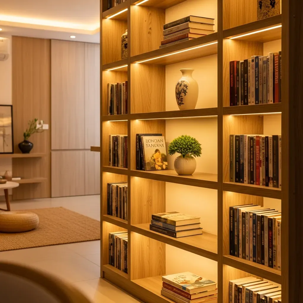 Kệ sách gỗ hiện đại với dải đèn LED chiếu sáng ấm áp trong căn hộ Việt Nam